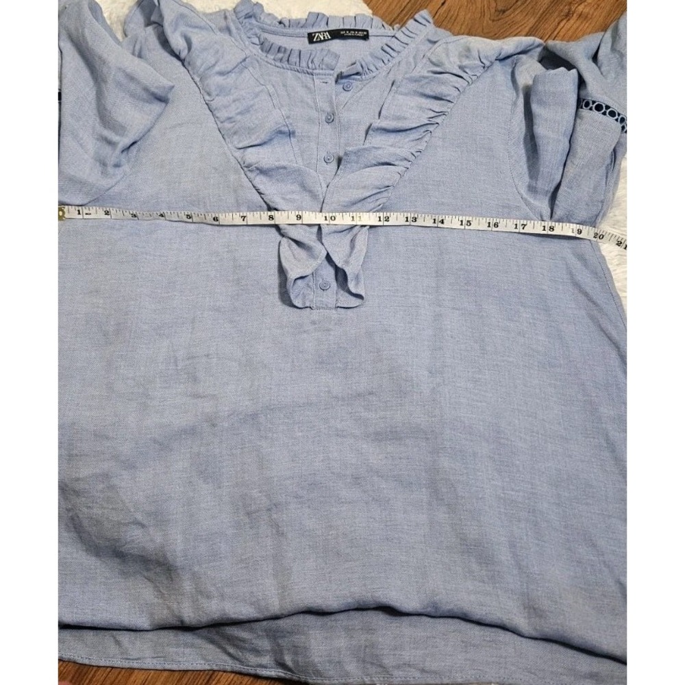 Zara Long Sleeve Ruffled 3/4 Vneck Button Blouse Top Blue Sz M - Picture 4 of 8